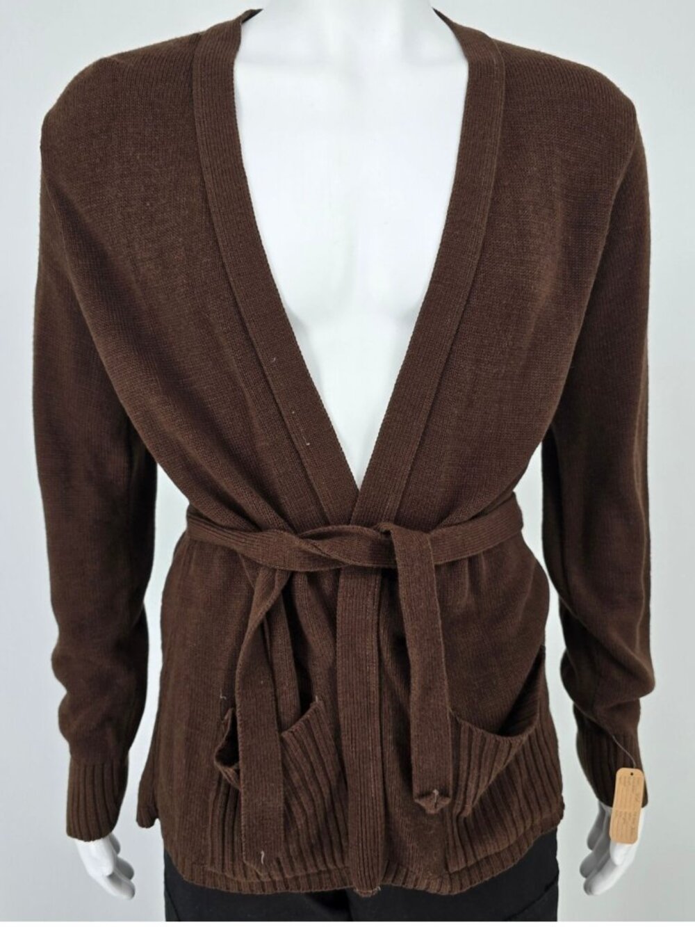 Vintage 1970s Sears Brown Orlon Acrylic Belted Open Front Cardigan Sweater (M)